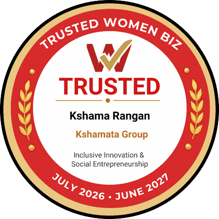 Trusted Women Biz certification seal — Kshama Rangan, Kshamata Group, Inclusive Innovation & Social Entrepreneurship, July 2026 to June 2027